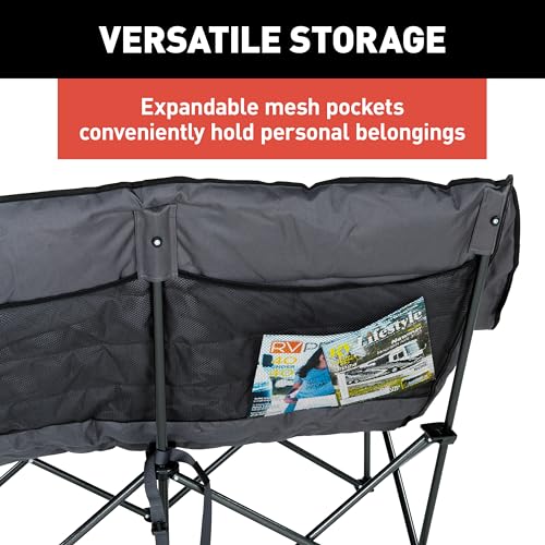 Image of Lippert Big Bear Dark Grey Folding Camping Loveseat with 500-lb. Weight Capacity, Durable Mesh Fabrics, High-Loft Cushioning, Dual Cupholders, Storage Pocket, Zippered Carrying Bag - 2023053717