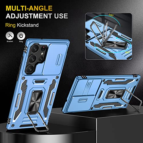Image of Slide Camera Cover with Ring Holder Mobile Phone Case Cover for Samsung Galaxy S23 Ultra (Blue)