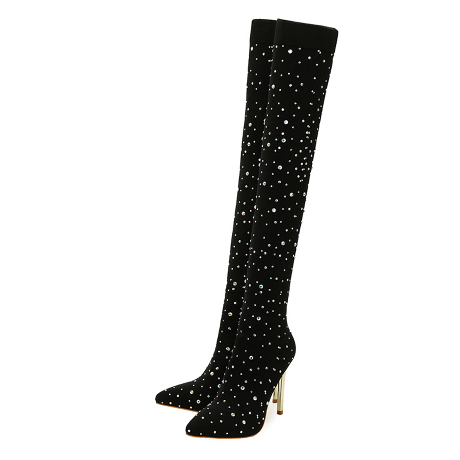 11CM / 4.33IN Bottes à Talons Hauts pour Femmes Bottes à Talons Hauts en Tissu Extensible en Strass à Bout Pointu sur Le Genou