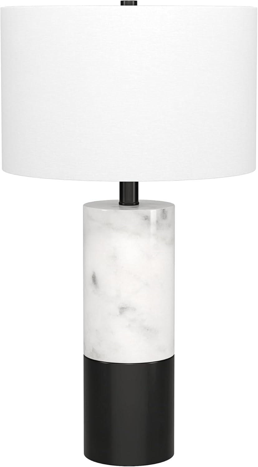 Henn&Hart 24" Glam 1-Light Table Lamp with White Fabric Drum Shade for Living Room, Bedroom, or Office, Carrara/Ebony