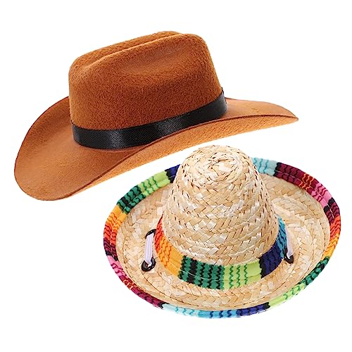 Generic 2Pcs Decorative Dog Hat Woven Straw Cowboy and Sun Hat for Pets Stylish Photo Props for Dogs and Cats Comfortable and Safe Pet Supplies