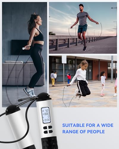 iMoebel Springseil mit Zähler, Verstellbar Speed Rope Seilspringen Stahlseil Anti-Rutsch Griffe Kalorienzähler Timer für Fitness Boxen Abnehmen Crossfit, Schwarz-weiß
