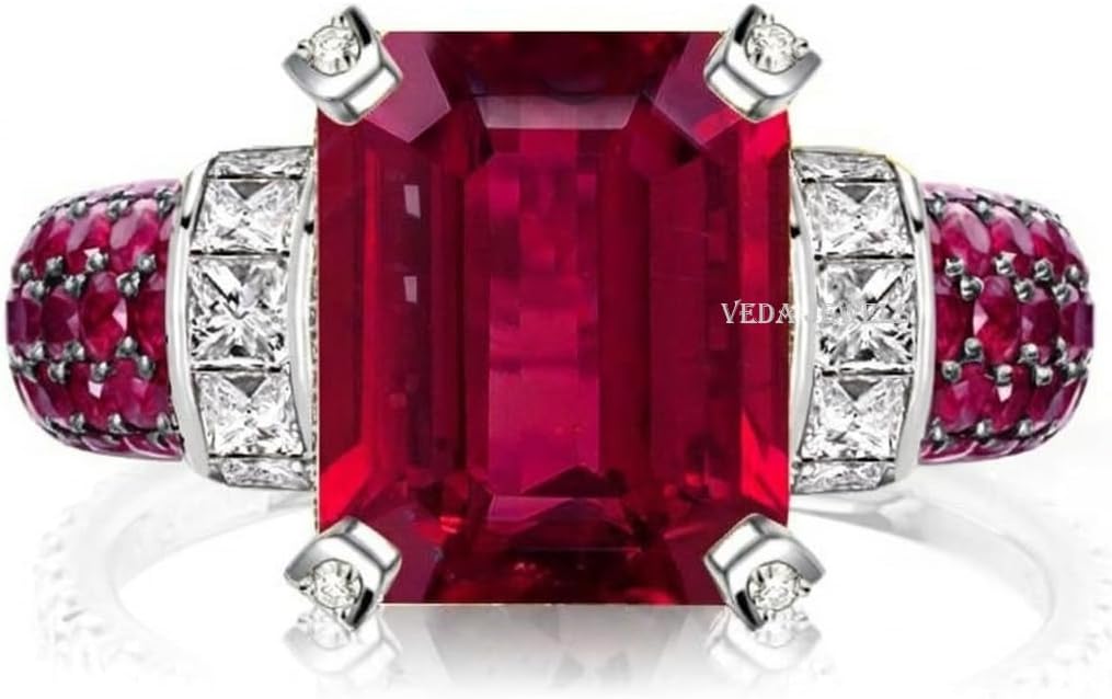 Emerald Cut Ruby Red Gemstone Statement Ring 4-Prong 925 Sterling Silver Anniversary Ring with White and Red Pave Side Stones
