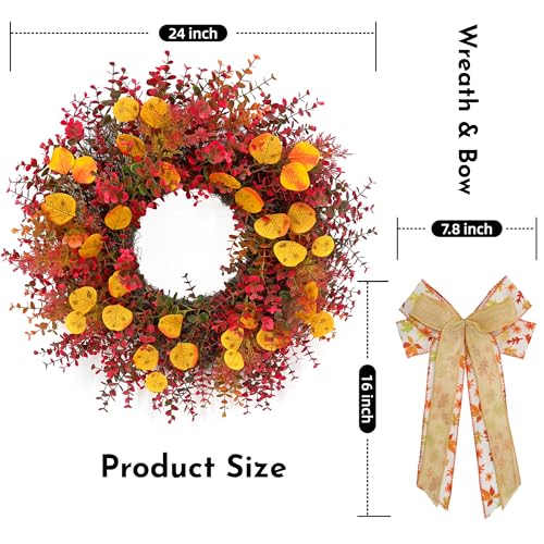 CYANBLOOM Fall Front Door Wreath: 24 Inch Large Burgundy Boxwood Eucalyptus Wreaths with Maple Bow for Rustic Farmhouse Decor - Weatherproof Outdoor Indoor All Season - Thanksgiving Halloween Decor