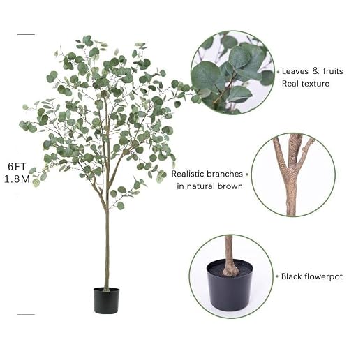 Justoyou 6Ft Tall Artificial Eucalyptus Tree, Faux Eucalyptus Plants, Modern Large Fake Plant Decor In Pot Fake Silver Dollar Leaves, For Home, Office, Courtyard Decor, Perfect Housewares Gift #TOP5