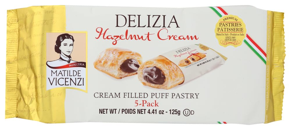 Matilde Vicenzi, DELIZIA w/ Hazelnut Cream, Family Size Cream Filled Puff Pastry, 4.41 oz, Pack of 4