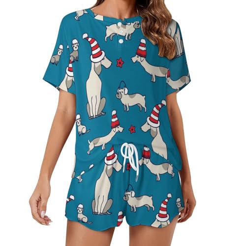 Pyjama court femme Noël avec motif chien en coton d'été