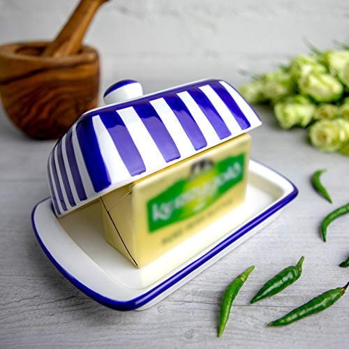 City to Cottage Large Butter Dish with Lid for Countertop, Ceramic Butter Keeper, Butter Container with Knob Handle, Butter Holder Tray with Cover, Handcrafted Navy Blue Stripe Coastal Butter Dish - Image 5