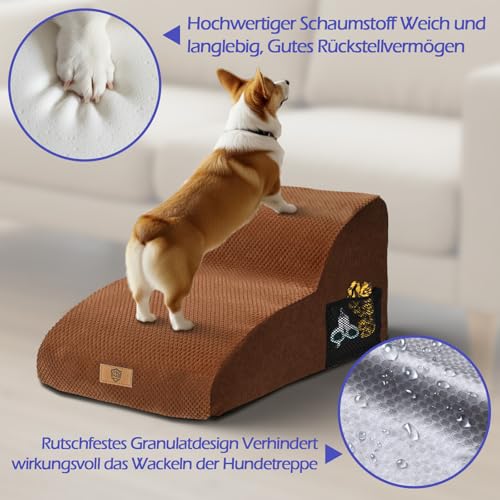 Eukue Hundetreppe 2 Stufen, Verlängert Hunderampe für Kleine Hunde und Katzen, Hochdichtem Schaum Haustiertreppe für Bett und Sofa aus, Tragbare Treppe für Hunde mit Waschbarem Bezug(Braun)