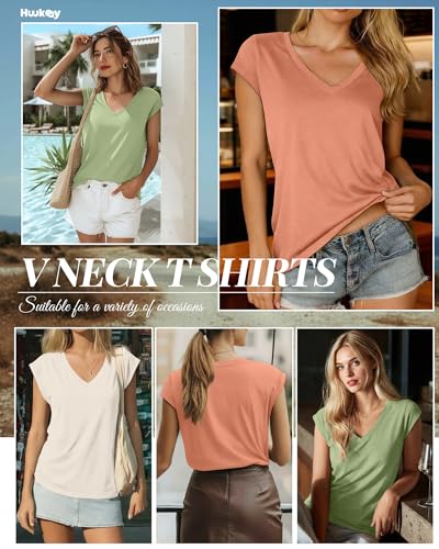 Image of Huukeay 3 Pack Women's V Neck Cap Sleeve T Shirts | Short Sleeve Basic Tees, Loose Fit Soft Tops for Women, Casual Lightweight Shirts, Everyday Summer Clothes