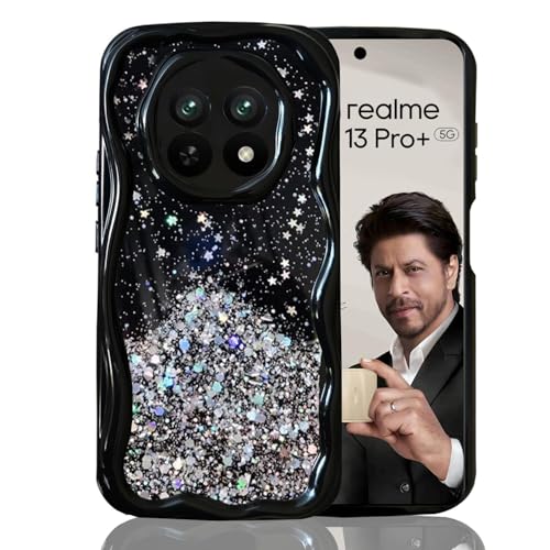 Image of KC Back Cover for Realme 13 Pro / 13 Pro Plus 5G - 3D New Curly Wave Dry Fixed Non Moving Starry Glitter Shockproof Bumper Soft Silicone Case with Camera Protection (Black)