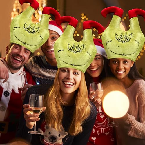 DANCELF Christmas Santa Hat, Green Monster Plush Costume Hat for Adults Teens, Funny Crazy Decoratio