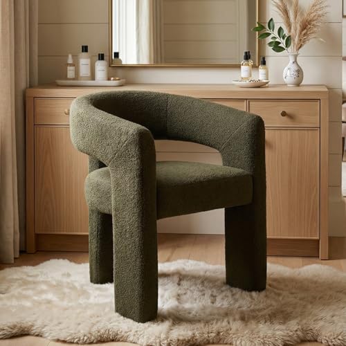 Image of HNY Modern Barrel Kitchen & Dining Room Chair, Sherpa Upholstered Accent Chair with Arm, 18.5'' Wide Side Armchairs Vanity Chairs for Living Room Bedroom Makeup Small Spaces, Green