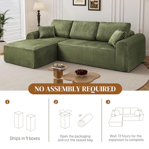 Image of 110 inch L Shaped Boneless Sectional Couches for Living Room, Comfy Corduroy Floor Cloud Sofa with Chaise, Wide Armrest, Deep Seat, Memory Foam, Assembly Free, Ideal for Small Spaces, Green