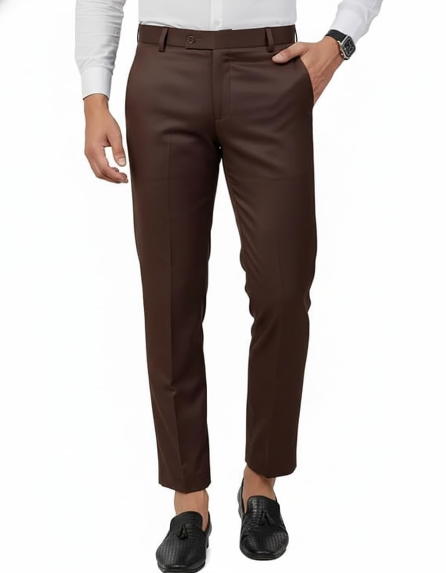 Men's Formal Brown Pants, Classic Fit Straight Leg Trousers, Business Office Wear, Side Pockets-picture-32