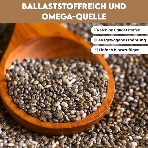 Chiasamen 1kg – 100% Natürlich, Reich an Omega-3, Ballaststoffen & Protein – Vegan, Glutenfrei, Rohes Superfood – Ideal für Smoothies, Backen, Porridge, Salate – Wiederverschließbarer Beutel