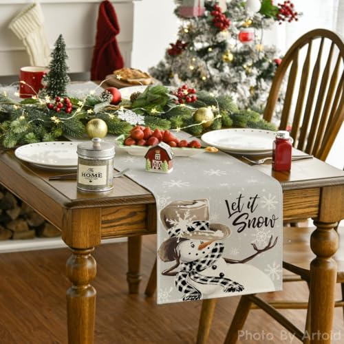 Image of Artoid Mode Grey Snowman Snowflake Let it Snow 2PCS Christmas Table Runner, Seasonal Winter Kitchen Dining Table Decor for Home Party 13x72 Inch