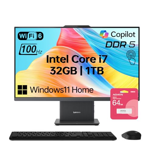 Image of Lenovo IdeaCentre I All-in-One Desktop for Home Office, 32GB DDR5 RAM, 1TB SSD, Intel Core i7-13620H, 27 inch FHD Touchscreen 100Hz, Webcam, Wireless KB & M, W11H, Bundle with ADATA 64GB USB Flash Drive