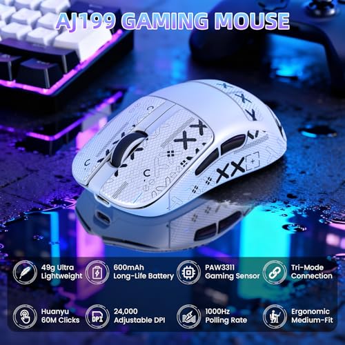 Image of MAGIC-REFINER AJ199 Superlight Wireless Gaming Mouse,BK3633 Tri-Mode BT /2.4G Wireless /Wired Mouse with Grip Tape,24000DPI,1000Hz Polling Rate,600mAh,Med Size,5 Programmable Buttons for Pc /Mac,WhitePRO