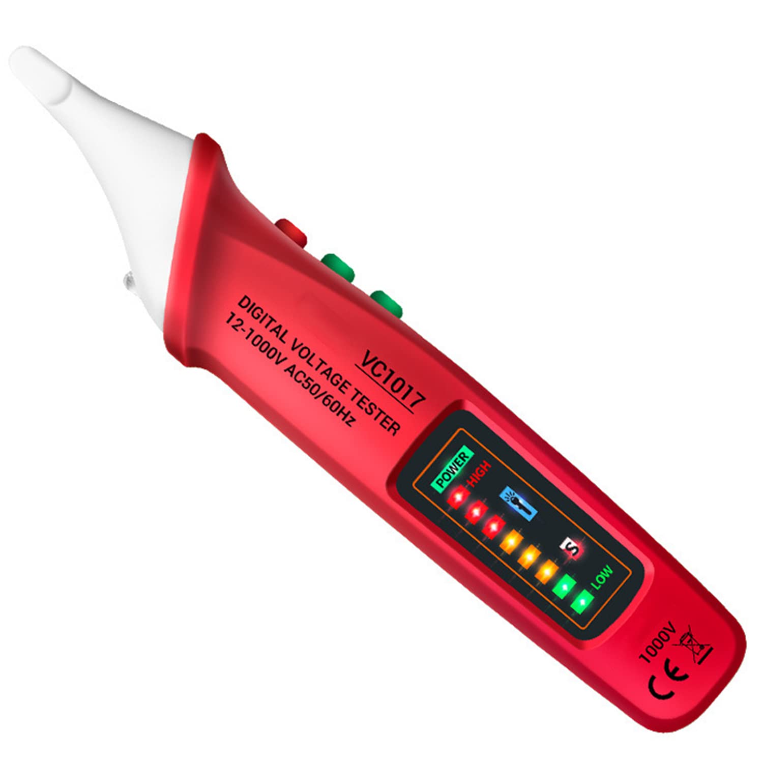 Detector de Voltaje sin Contacto con Linterna LED Sensibilidad ajustable, Distinción de Cable Vivo/Nulo, AC 12V-1000V, Localizar Punto de Rotura, Alarma