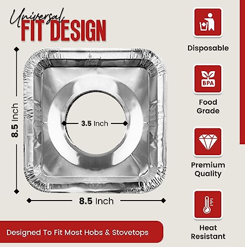Gas Stove Burner Liners (100 Pack) - Disposable Aluminium Foil Covers, 8.5” Heat-Resistant Protector, Fits Gas or Electric Ranges, Thick Foil for Mess-Free Cooking, Perfect Stove Cover for Kitchen