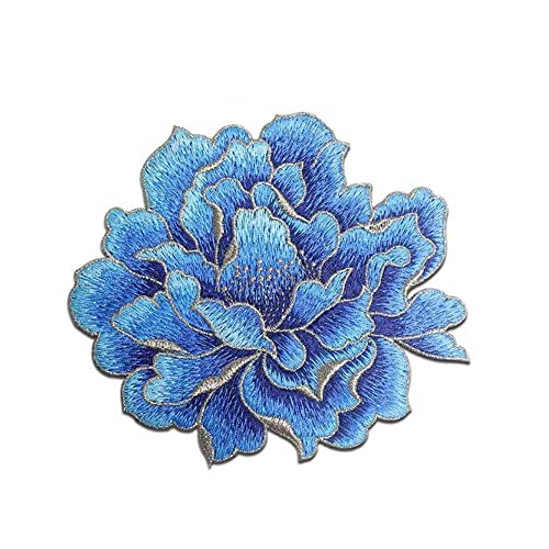 Sew on Peony Floral Patches, Embroidered Flower Appliques, Blue Peony