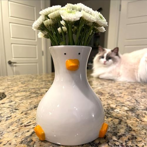 Handcrafted Ceramic Duck Vase - White Modern Flower Vase with Uni...