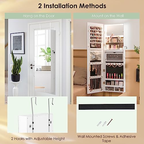 HOMASIS Joyero con Espejo de Cuerpo Entero,Armario para Joyas de Pared, Espejo de Maquillaje Integrado y luz LED de 3 Colores, Ganchos para Cadenas y Pendientes, 37x10x135/140cm, Blanco - imagen 6