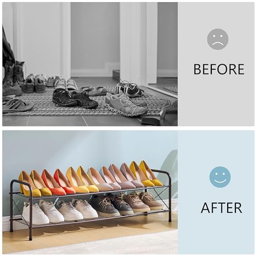 Image of Hoctieon 2 Tier Shoe Rack for Closet, Shoe Rack FreeStanding, Entryway Shoe Shelf, Shoe Storage Organizer, Durable Mesh Style Shoe Rack, Space Save for Garage, Bedroom, Living Room, Wardrobe, Brown