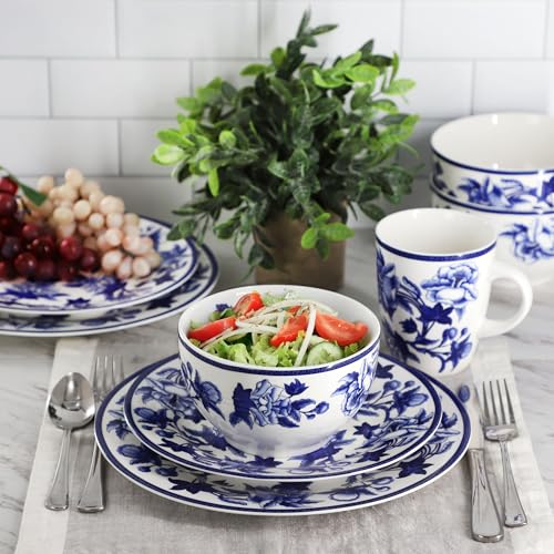 Elama Cattleya Orchid Design 16 Piece Round Porcelain Dinnerware Set in Blue and White, Tableware Set, Service for 4 by Elama - Image 9