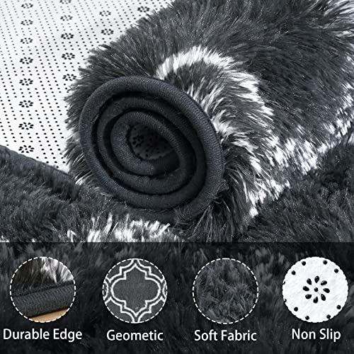 Chicrug Fluffy Geometric Runner Rug For Bedroom, 2X6 Feet Small Shag Hallway Carpet Runner Floor Rug, Plush Moroccan Runner Rug For Family Kids Girls Nursery Bedside Room Decor, Dark Grey And White #TOP6