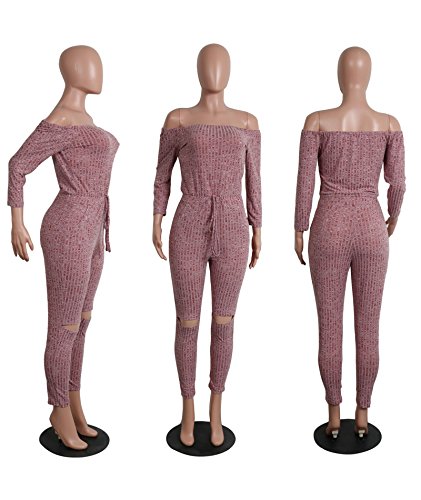 IyMoo Womens Sexy Off Shoulder Long Sleeve High Waisted Long Bodycon Jumpsuits Rompers Burgundy Medium - Thumbnail 7