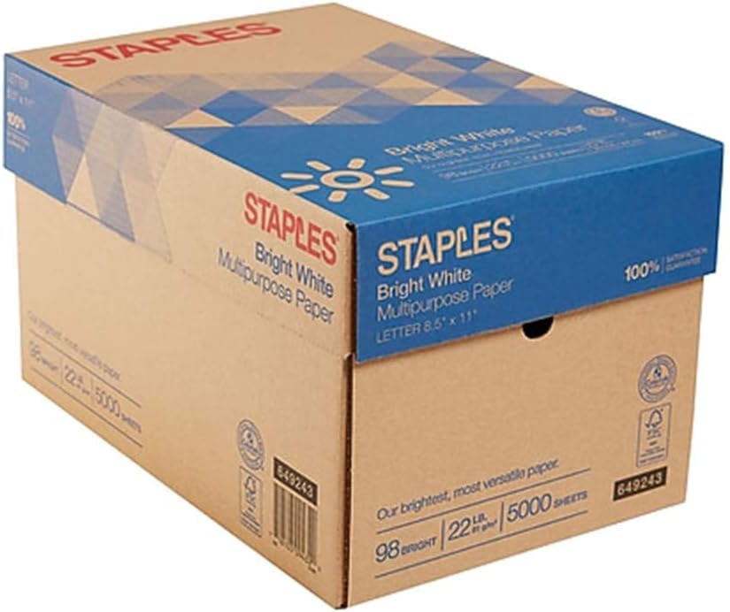 Staples Very Bright White Multipurpose Case Copy/Laser/Inkjet Printer Paper, 98 Brightness, Heavier 22lb. Density, Letter Size (8.5 x 11), 5000 Sheets Carton (649243)