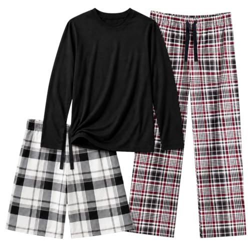Image of US Angels Boys Pajamas Set | 3-Piece Pant, Shirt, Shorts Sleepwear Pjs for Kids | Loose Fit, Soft, Breathable Blue Plaid