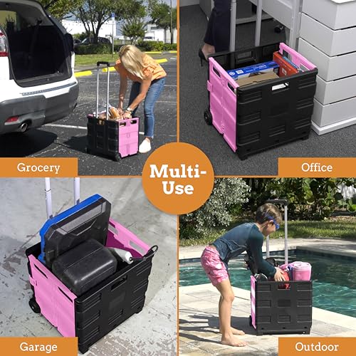 Inspired Living Ultra-Slim Rolling Collapsible Storage Pack-N-Roll Utility-carts, with Telescopic Handle, for Home, Garden, Shopping, Office, School use, Medium, Pink & Black - Thumbnail 5