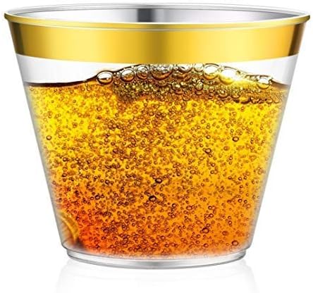 Clear Plastic Cups with Gold Rim ~ 100 Pack ~ Disposable Cups, Ideal for Weddings, Parties and Outdoor Events - 9oz Old Fashion Fancy Tumblers - Elegant Party Cup | by WesternHousehold