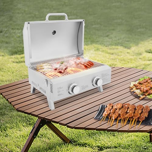 Barbacoa de gas de mesa plegable de acero inoxidable, barbacoa portátil para camping al aire libre con 2 quemadores, parrilla, bandeja colectora de grasa y tapa