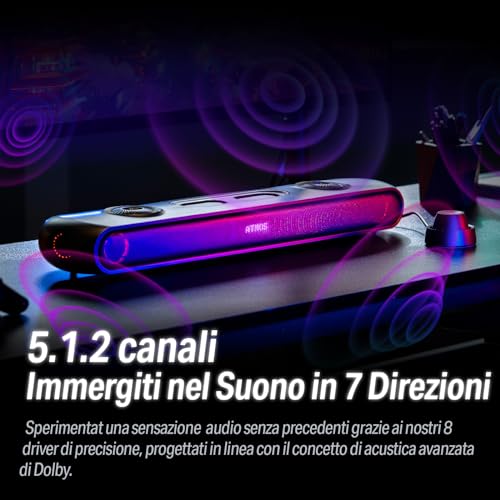 Thunder Pro 5.1.2 Soundbar da Gioco, Bassi Migliorati, Connessione multi-Dispositivo Bluetooth, Subwoofer integrato, 3 Modalità Pro Gamer, Design Elegante, per PC, Console di Gioco - Casse per PC - Immagine 1