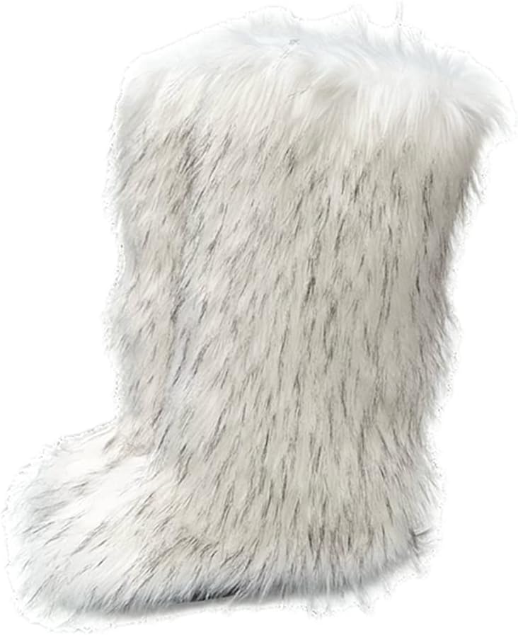MH Bailment Women's Faux Fur Boots Knee High Fuzzy Fluffy Furry Snow Boots Winter Comfy Plush Warm Snow Bootie Round Toe Suede Fashion Classic Snow Boots Flat Shoes Indoor Outdoor