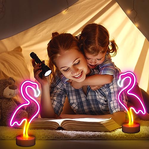 Image of Liliful 3 Pcs Flamingo Neon Lights Sign LED Pink Flamingo Lamps Decor Battery /USB Powered Neon Lights with Pedestal for Bedroom Decor Tropical & Hawaiian Party Birthday Gifts