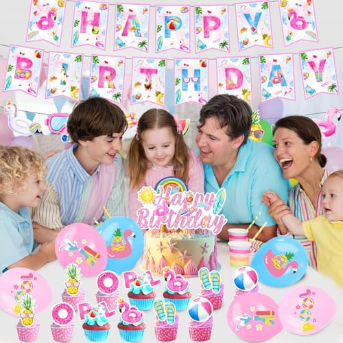Image of Summer Pool Beach Party Decorations - Happy Birthday Pool Banner,Cake Topper with Cupcake,Balloons,Happy Birthday Swim Party Supplies for Girls