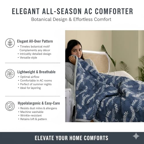 Image of Home Stylish Luxury Ultrasonic Punch AC Comforter Blanket - Quilted Microfiber Floral Pattern, Lightweight Breathable Hypoallergenic All‑Season Blanket for Bedroom, Travel (228x228 Cm) Blue Grey