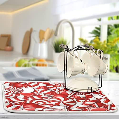 Vista 6 de Tapete de secado de platos de dulces navideños grande para encimera de cocina, 18 x 24 pulgadas, reversible, bastones de caramelo, escurridor