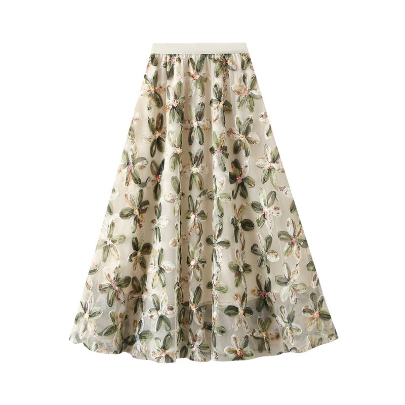 Femiserah Women's 3D Floral Tulle Midi Skirt High Waisted Sequins Applique Fairy Flowy A Line Skirtt