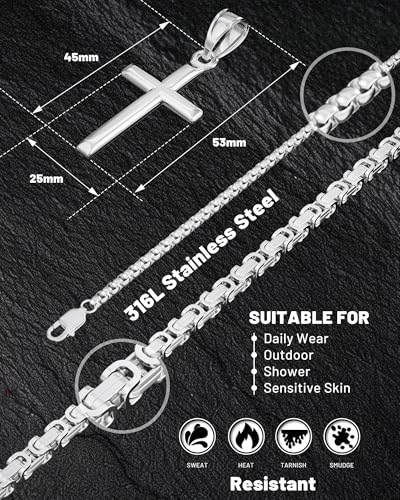 Exquisite Cross Necklace for Men and Women, Silver/Gold/Black Cross Chain with Top-grade 316L Stainless Steel Cross Pendant, 18-24 Inch Box/Byzantine Chains4