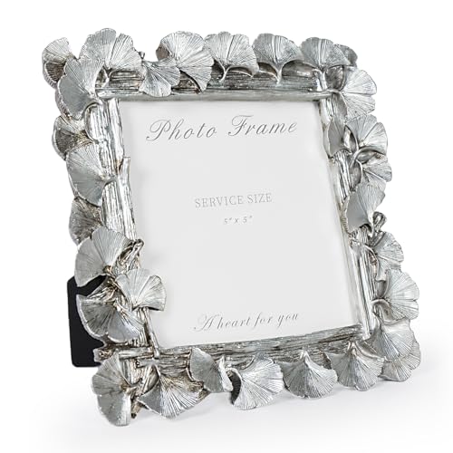 Vintage Silver 5x5 Picture Frame, Silver Frames Ornate Leaf Textured Hand-Crafted Resin with Glass Front, Antique Photo Frame for Tabletop Display, Retro Home Decor