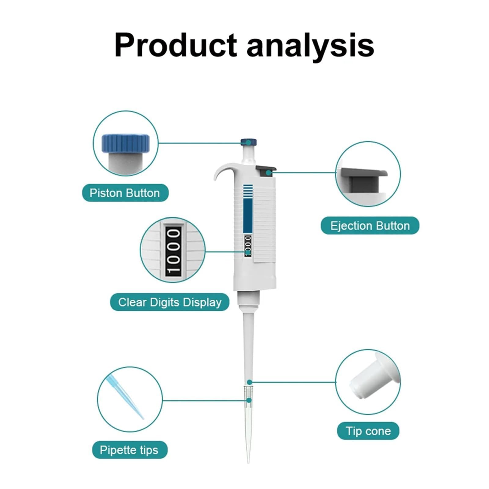 Micropipeta digital, pipeta de un solo canal, pipeta manual de 0,5-200 ul con cabezales de succión para investigación científica y médica