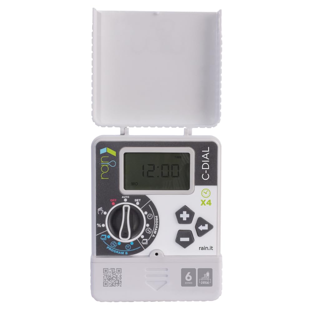 DI GIULIO SRL Rain C-Dial Centralina Irrigazione, Timer da Parete, Nero e Bianco, Plastica, 6 Zone, 2 Programmi, per Giardino e Orto Indoor (4 Zone)