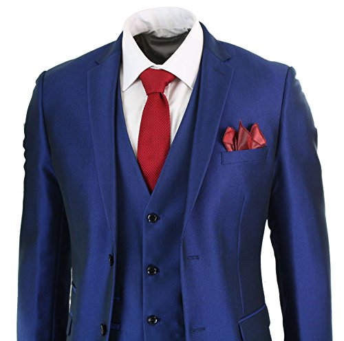 Mens 3 Piece Shiny Blue Wedding Prom Party Suit Tailored Fit Smart Formal2
