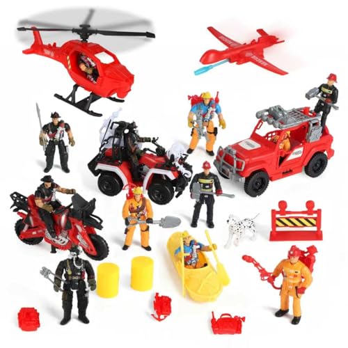 UFLJPKS Kids Firefighter Action Figures Playset, Fireman Figures Toys with Tools, Red Fire Trucks, Army Vehicles, Helicopter, Soldiers Accessories,...